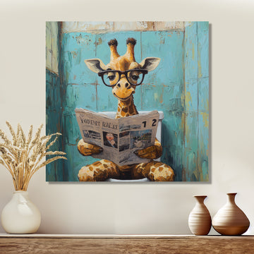Giraffe Reading The News In The Bathroom - Brown Giraffe Wall Art